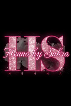 the logo for hera by sahirah henna, with flowers in pink