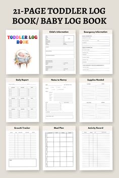 the printable baby log book for toddlers is shown in black and white, with text