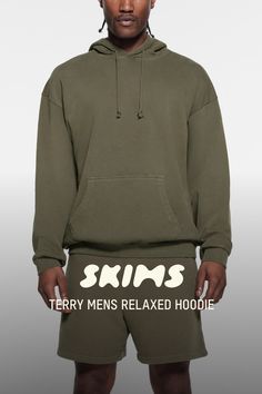 The perfect pullover. Made with 100% midweight cotton french terry, this long sleeve features a roomy, relaxed fit and dropped shoulders for supreme, wear-everywhere comfort between seasons. Includes a 2-ply drawstring hood, a front pocket, and ribbing at the cuffs and hem. Fits true to size. | SKIMS Mens Relaxed Hoodie | Green | Small | Terry Relaxed Fit Crew Hoodie For Loungewear, Urban Style Relaxed Fit Sweatshirt, Urban Relaxed Fit Long Sleeve Sweats, Relaxed Fit French Terry Top With Drawstring Hood, Comfortable Long Sleeve Relaxed Fit Hoodie, Basic Relaxed Fit Hoodie For Loungewear, Green Relaxed Fit Crew Hoodie, Comfortable Relaxed Fit Sweatshirt For Streetwear, Relaxed Fit French Terry Hoodie Sweatshirt