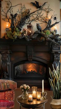 a living room filled with furniture and a fire place in front of a decorated fireplace