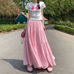 Lasaky - Elegant Floral Printed Midi Skirt with Pleats and Flared Hem Pink Maxi Skirt Outfit, Long Pink Skirt, Pink Skirt Outfits, Printed Skirt Outfit, Long Cotton Skirt, Pink Maxi Skirt, Skirt With Pleats, Long Skirt Fashion, Floral Pleated Skirt