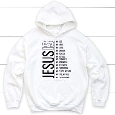 'Jesus my Lord my God my all' Christian hoodie Created by our Christ Follower Life designers, not available anywhere else! Printed to order in the USA. Please make sure that the Color and Size you have chosen are correct before clicking on the "Add To Cart" button. Product Details With a large front pouch pocket and drawstrings in a matching color, this Unisex Hoodie is a sure crowd favorite. It’s soft, stylish, and great to wear casually or even exercise in. Unisex sizing 50% pre-shrunk cotton, 50% polyester Fabric weight: 8.0 oz/yd² (271.25 g/m²) Air-jet spun yarn with a soft feel and reduced pilling Double-lined hood with matching drawcord Quarter-turned body to avoid crease down the middle 1 × 1 athletic rib-knit cuffs and waistband with spandex Front pouch pocket Double-needle stitche Jesus Clothes, Christian Shirts Designs, Jesus Sweatshirts, Christian Hoodies, My Lord, Hoodie Size Chart, Hoodies Men Pullover, My God, Christian Clothing