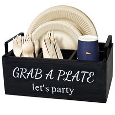 a black crate with white plates and silverware in it that says grab a plate let's party