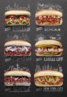 hot dogs with different toppings are shown on a chalkboard board in front of the chicago skyline