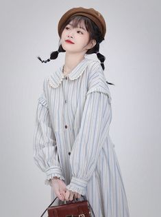 ❤doll collar sweet striped shirt dress❤︎ Doll Collar, Striped Shirt Dress, Shirtdress, Striped Shirt, Shirt Dress, Dolls, Collar, Color