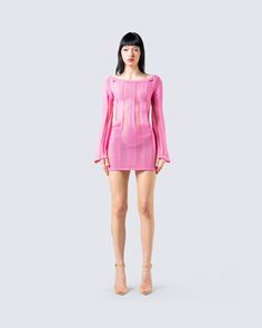 One of our most loved dresses… now in pink 💓 This loose, knit mini dress completed with an exposed back is everything you need and more when it comes to having your barbie it-girl moment 💅🏼 Barbiecore Outfit, Fuzzy Skirt, White Corset Dress, Denim Pleated Skirt, Red Mini Skirt, Chain Dress, Orange Satin, Pink Mini Dress, Flare Jumpsuit