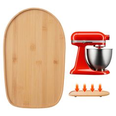 a red mixer and wooden board with an orange stand mixer next to it on a white background