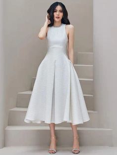 Elegant White Diamonds Evening Long Dress Sleeveless TS70430 - WHITE, L Evening Long Dress, White Skirt Outfits, Girly Style Outfits, Vestidos Retro, Black White Outfit, Mid Calf Dresses, Pink Bridesmaid Dresses, Frocks For Girls, High Waist Dress