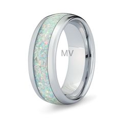 men's wedding band with white opal inlay and anodized center