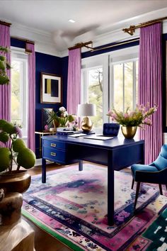 a living room with blue walls and purple curtains on the window sill, two chairs in front of a desk