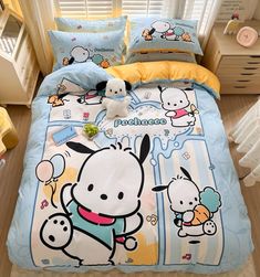 a bed with cartoon characters on it