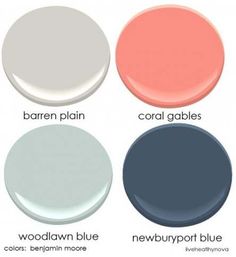 four different shades of paint that are in the same color scheme, including coral and coral blue