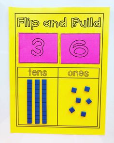 a yellow poster with blue and pink squares on it that says flip and build 3 o'clock