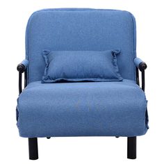 a blue chair with two pillows on it