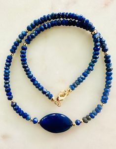 Natural Gemstone Necklace. 4mm rondelle hand cut lapis stones with oval lapis pendant bead and 18k gold filled clasp and 18k gold filled accent beads. 16.5 inches in length.  Gold filled extender available upon request.Arrives thoughtfully packaged in an eco-friendly kraft box wrapped in ribbon, ready for gifting or keeping for yourself. Lapis Pendant, Natural Gemstone Necklace, Oval Pendant, Natural Beads, Chain Styles, Gemstone Necklace, Favorite Jewelry, Semi Precious, Natural Gemstones