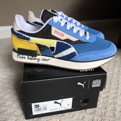 Puma - Future Rider X Black Fives - Color Is Star Sapphire-Maize. Dead Stock. Color Is More Like A Light Navy/Baby Blue With Mustard/Bright Yellow And Cream/Ivory Accents. Jr Size 6.5. Fits 7.5 Women. I’m A Size 8 And It’s Pretty Snug. Nib Retro Blue Custom Sneakers For Sports, Yellow Sporty Sneakers With Puma Logo, Yellow Low-top Puma Sneakers, Sporty Yellow Sneakers With Puma Logo, Sporty Yellow Puma Sneakers, Yellow Puma Running Sneakers, Yellow Puma Sneakers For Running, Blue High-top Puma Sneakers, Blue Puma Sneakers With Round Toe