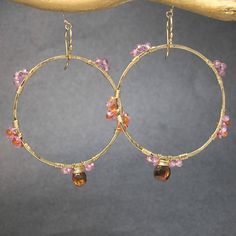 "Hammered hoops wrapped with ruby, carnelian, and mandarin garnet, about 2-1/4\" long. Available in 14k gold filled & sterling silver, 14k rose gold filled. **We now offer LAYAWAY**Please read our policy section for more info - http://www.etsy.com/shop/CalicoJunoJewelry/policy" Handmade Carnelian Yellow Gold Jewelry, Handmade Yellow Gold Carnelian Jewelry, Bohemian Small Hoop Orange Jewelry, Gold Wire Wrapped Carnelian Jewelry, Handmade Orange Citrine Jewelry, Orange Carnelian Wire-wrapped Jewelry, Gold Dangle Earrings Prom, Easy Jewelry Making Ideas, Mandarin Garnet