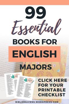 an open book with the title 99 essential books for english majors click here for your printable checklist