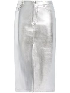 silver-tone faux leather metallic finish belt loops concealed fly and button fastening classic five pockets front slit mid-length straight hem Metallic Midi Skirt, Faux Leather Midi Skirt, Balenciaga Women, Leather Midi Skirt, Satin Midi Skirt, Leather Pencil Skirt, Straight Skirt, Women Skirts Midi, Metallic Leather