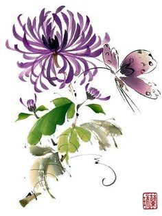 a painting of a purple flower with a butterfly on it's wing and chinese writing below