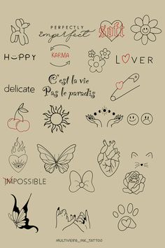 the back side of a poster with many different tattoos on it, including hearts and flowers