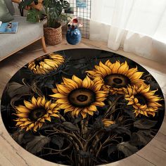 sunflowers on black round rug in living room