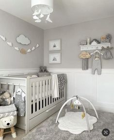 a baby's room is decorated in white and gray