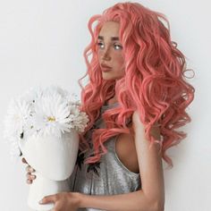 22" Pink Curly Wavy Lacefront Wig *New* Arrives New Human Synthetic Blend Lace Front Wig. Color & Texture As Shown 150% Density You Can Cut , Curl , And Style This Wig Heat Resistant Up To 315f 22.5 In Circumference Hand Tied - You Could Cut The Front Lace To Blend As Your Own Hairline Highlight Blonde, Blonde Highlight, Rosa Coral, Long Curly Wig, Spiral Curls, Pink Highlights, Pink Wig, Long Brown Hair, Dye My Hair