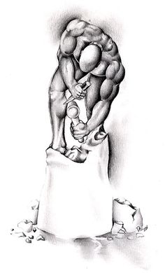 a black and white drawing of a man holding a baby