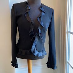 Stunning Black Polyester With Silk Ruffled Trim. Front Self Tie Closure. Excellent Condition Easy To Mix & Match Kay Unger, Ruffle Trim, Mix Match, Blazer Suit, Suit Jacket, Jackets For Women, Jackets & Coats, Silk, Women Shopping