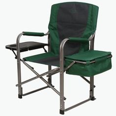 a green and black folding camping chair with armrests on the side, sitting in front of a white background