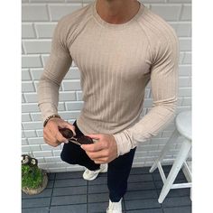 Stripe Long Sleeve Casual Shirts Casual Slim Fit Crew Neck Top, Slim Fit Casual Crew Neck Top, Beige Casual Slim Fit Top, Beige Slim Fit Casual Top, Beige Long Sleeve T-shirt For Spring, Cover Sofa, Stripe Long Sleeve, Sofa Cover, Grey Khakis