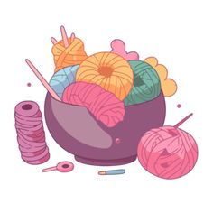 a purple bowl filled with balls of yarn and crochet hooks