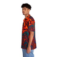 Experience the pulsating energy of music festivals with our Men's Pulsating Sunset Hawaiian Shirt. Immerse yourself in the euphoria of Red Rocks shows, or get lost in the trippy excitement of a rave. This flamboyantly eccentric orange, psychedelic-designed shirt is your perfect companion for an unforgettable night of fun and elation. Crafted from a medium-weight blend of 95% polyester and 5% spandex, it promises comfort without compromising style. The full-button front adds a classic touch to th Casual Red Festival Shirt, Groovy Summer Streetwear Tops, Groovy Short Sleeve Tops For Streetwear, Casual Red Shirt For Festivals, Red Relaxed Fit Top For Festival, Summer Concert Short Sleeve Shirt, Multicolor Casual Tops For Concert, Casual Multicolor Tops For Concert, Rave Style Short Sleeve Tops For Music Festival