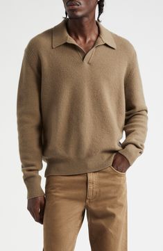 Pure cashmere warms this richly textured seed-stitch polo-sweater knit with an open collar and discreetly dropped shoulders. Spread collar Long sleeves Dropped shoulders Ribbed cuffs and hem 100% cashmere Hand wash, dry flat Made in Italy Designer Clothing Classic Wool Collared Polo Sweater, Classic Brown Polo Sweater With Ribbed Collar, Brown Wool Polo Sweater With Ribbed Collar, Cashmere Polo Sweater With Ribbed Collar, Collared Cashmere Polo Sweater For Fall, Collared Wool Polo Sweater For Fall, Classic Collared Cashmere Polo Sweater, Brown Collared Wool Sweater, Classic Brown Collared Sweater