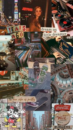 a collage of various images with people and buildings in the background, including an advertisement for coca cola