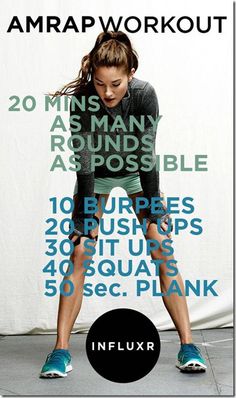 an image of a woman doing exercises on her cell phone, with the caption'20 minutes as many rounds as possible '