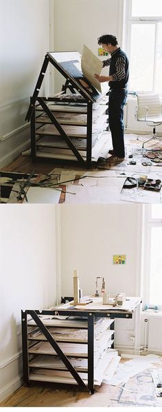 two photos of a man standing in front of a desk with papers on it and another photo of the same person holding a piece of paper