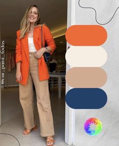 Blazer Naranja Outfit Mujer, Orange Shirt Outfit, Orange Blazer Outfits, Pantalon Orange, Mode Ab 50, Orange Blazer