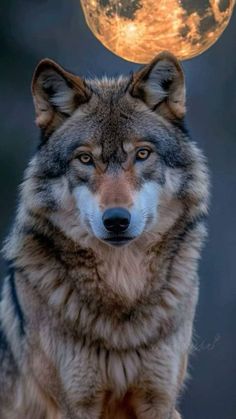 a wolf standing in front of the moon with its head turned to look like it is looking