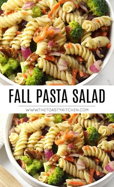 two bowls filled with pasta salad on top of a table