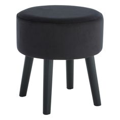 a black stool with wooden legs and a round seat cushion on the top of it