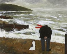 a painting of a man looking out at the ocean