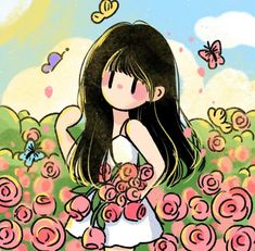 a girl with long hair holding flowers in her hands