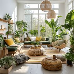 a living room filled with lots of plants and furniture