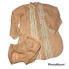 Vtg 70s Sheer Swiss Dot Lace Night Shirt Bloomer Bottom Pajama Retro Mod Peach S | eBay Fitted Vintage Loungewear Tops, Vintage Polka Dot Blouse For Spring, Vintage Polka Dot Tops For Spring, Vintage Peach Tops For Spring, Peach Vintage Spring Tops, Vintage Pajamas, Babydoll Shirt, Retro 70s, Sleepwear Robe