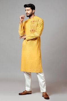 Shop for Smriti by Anju Agarwal Yellow Linen Embroidered Kurta Set for Men Online at Aza Fashions Red Flower Embroidery, Nehru Jacket For Men, Yellow Kurta, Haldi Outfits, Cotton Pajama Pants, Linen Pajamas, Yellow Outfit, Nehru Jackets, Yellow Ties