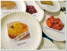 paper plates with pictures of different foods on them