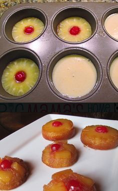 pineapple upside down cupcakes are in a muffin tin and ready to be eaten