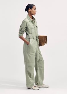 Super Soft Utility Jumpsuit | ME+EM Utility Wear Fashion, Utility Belted Jumpsuit For Workwear, Belted Utility Jumpsuit For Workwear, Utility Jumpsuit Outfit, Mechanic Fashion, Jumpsuit Utility, Utilitarian Fashion, Soft Utility, Silver Jumpsuits